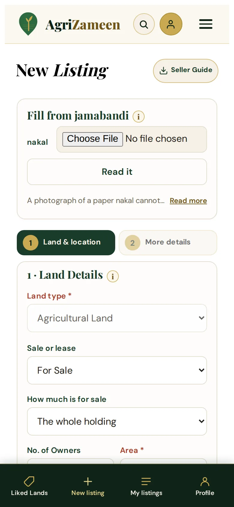 New listing — the jamabandi reader, then step 1: the land.