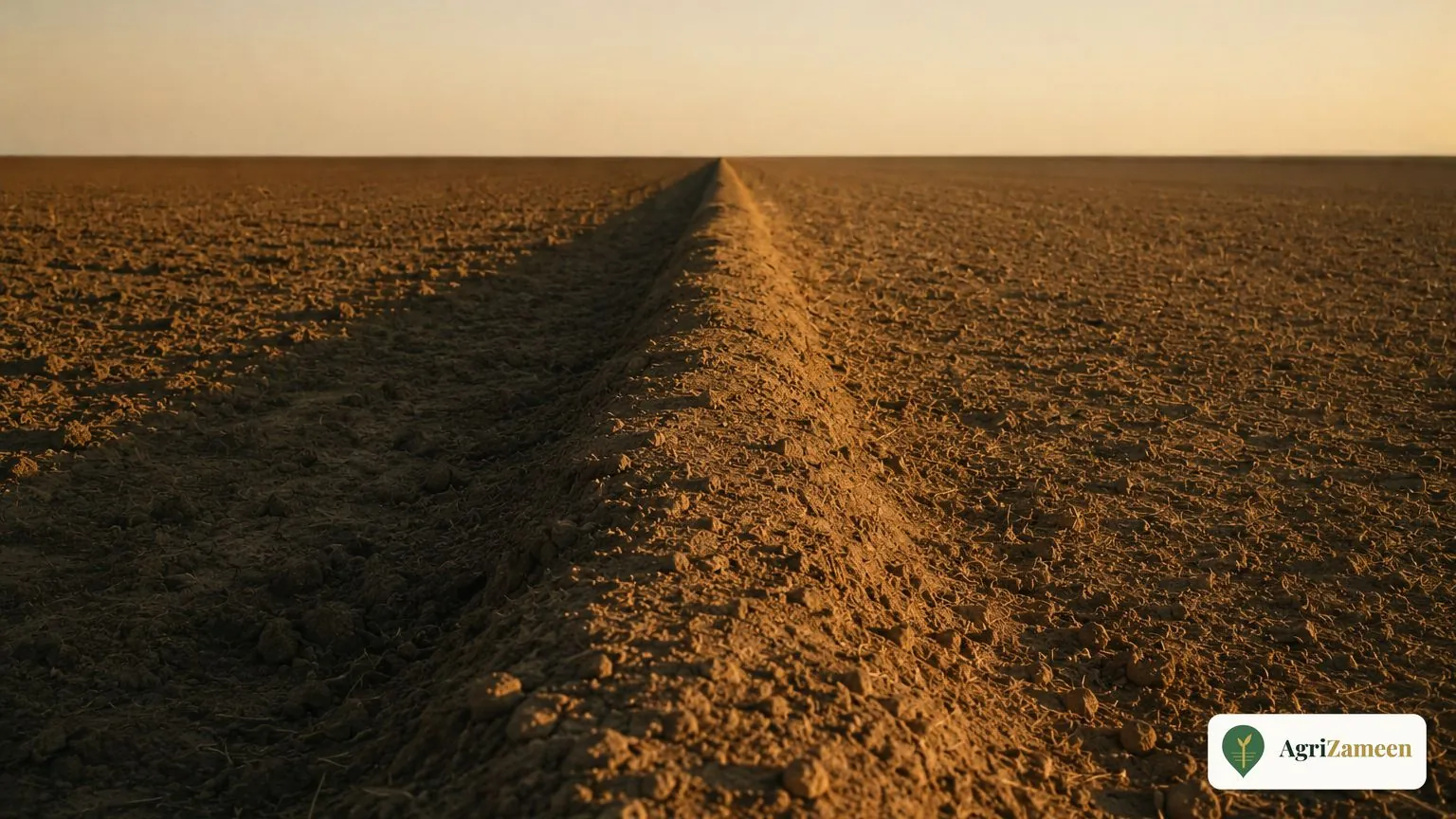 Illustrative scene of a raised earth field bund running to a flat horizon in evening light